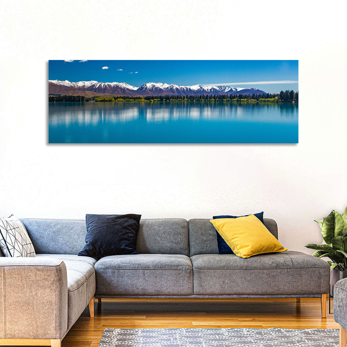 Lake Ruataniwha Reflection Wall Art in a room, panoramic