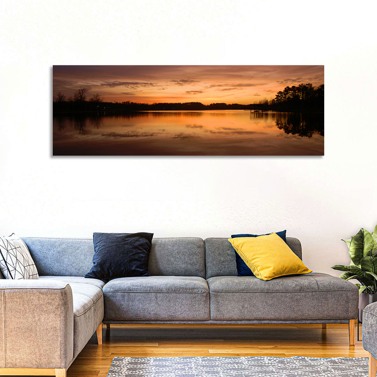 Lake Weiss Sunrise Reflection Wall Art in a room, panoramic