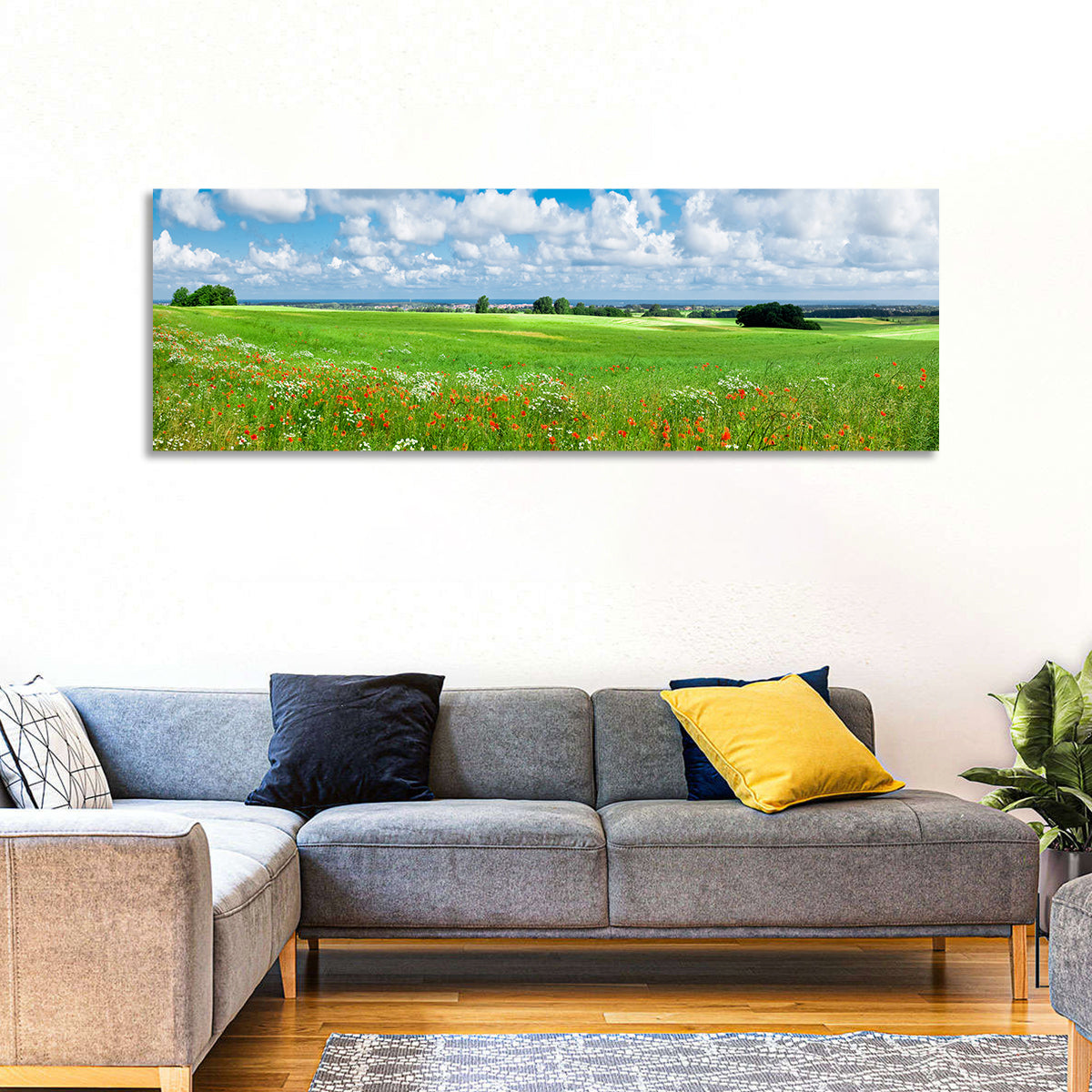 Summer Meadow with Poppies Wall Art in a room, panoramic