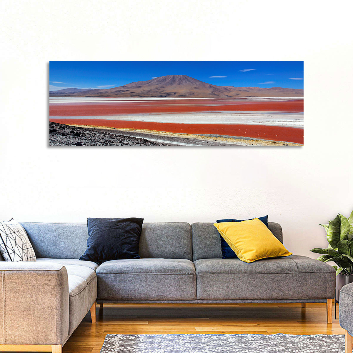 Laguna Colorada Red Lake Wall Art in a room, panoramic