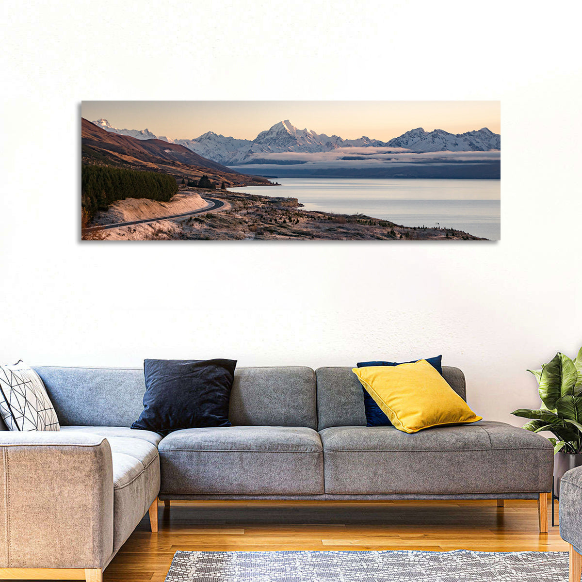 Mount Cook Over Lake Pukaki Wall Art in a room, panoramic