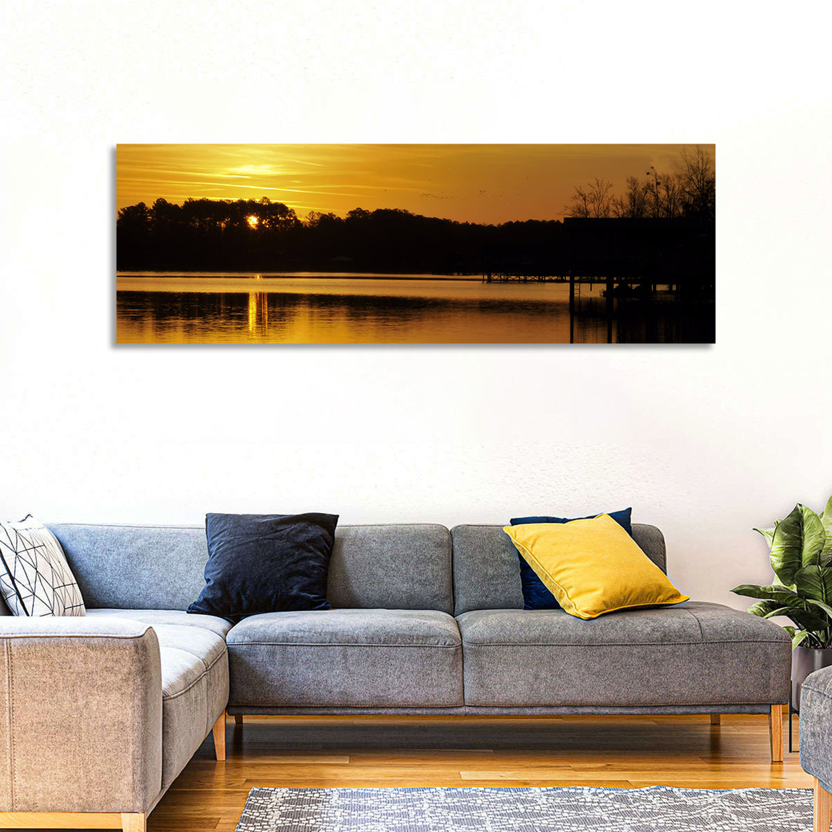 Lake Weiss Sunset Reflection Wall Art in a room, panoramic