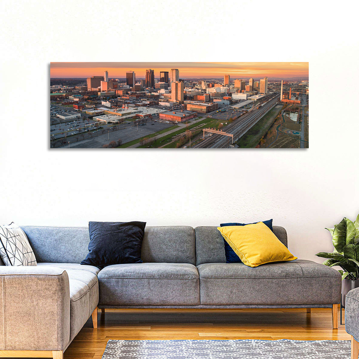 Birmingham Golden Hour Skyline Wall Art in a room, panoramic