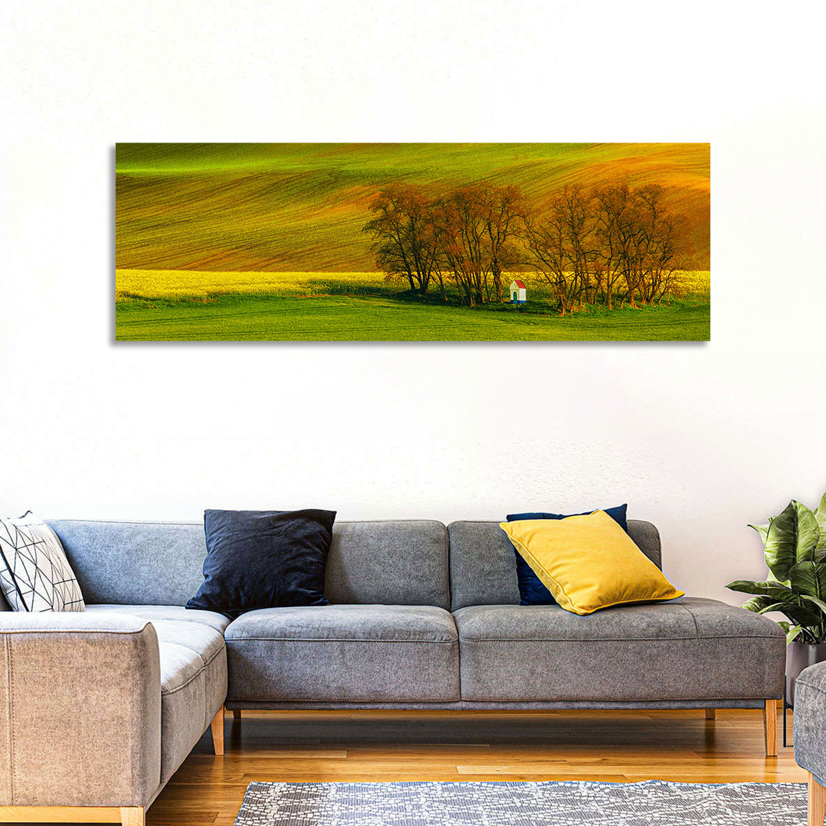 Moravian Wheat Fields with Chapel Wall Art in a room, panoramic