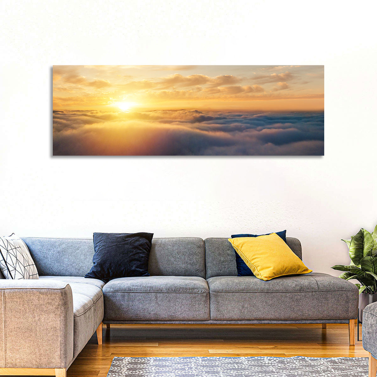 Layered Clouds at Sunset Wall Art in a room, panoramic