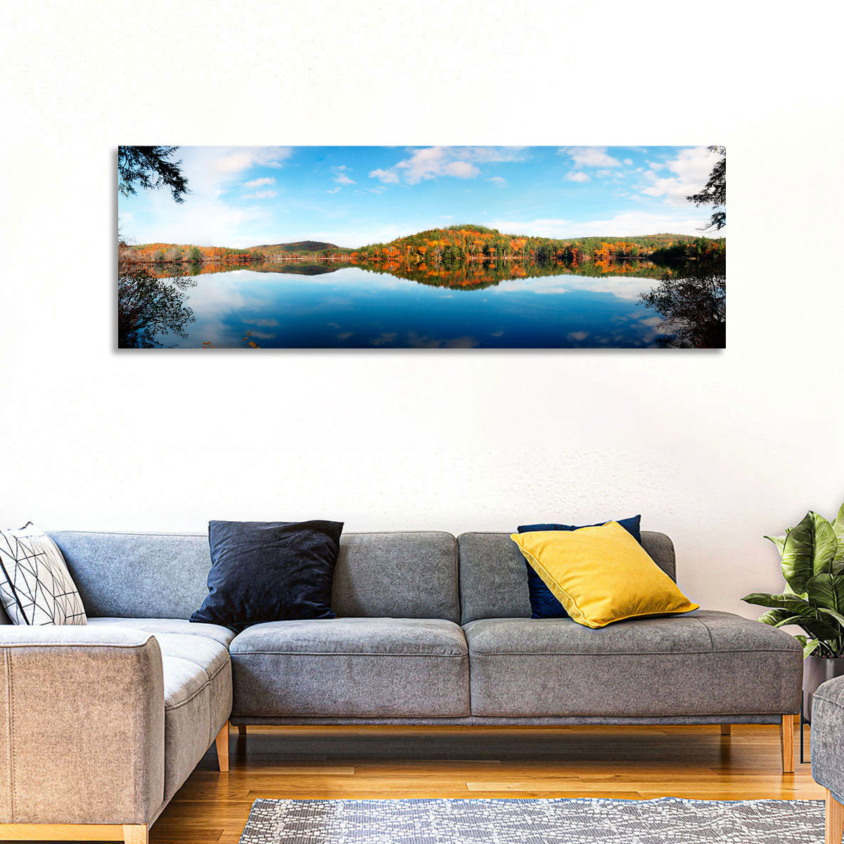 Vermont Lake Reflection Wall Art in a room, panoramic