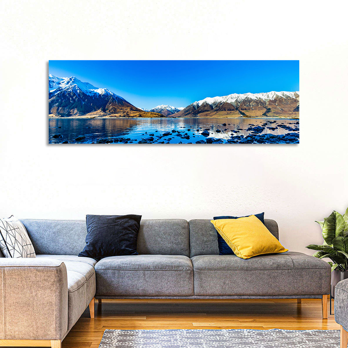 Lake Ohau Mountain Reflection Wall Art in a room, panoramic