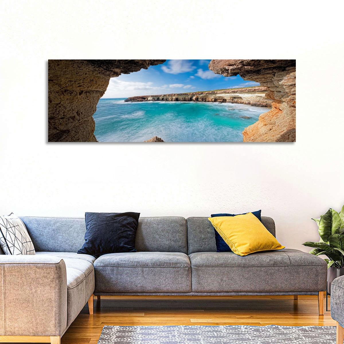Cape Greko Sea Cave View Wall Art in a room, panoramic