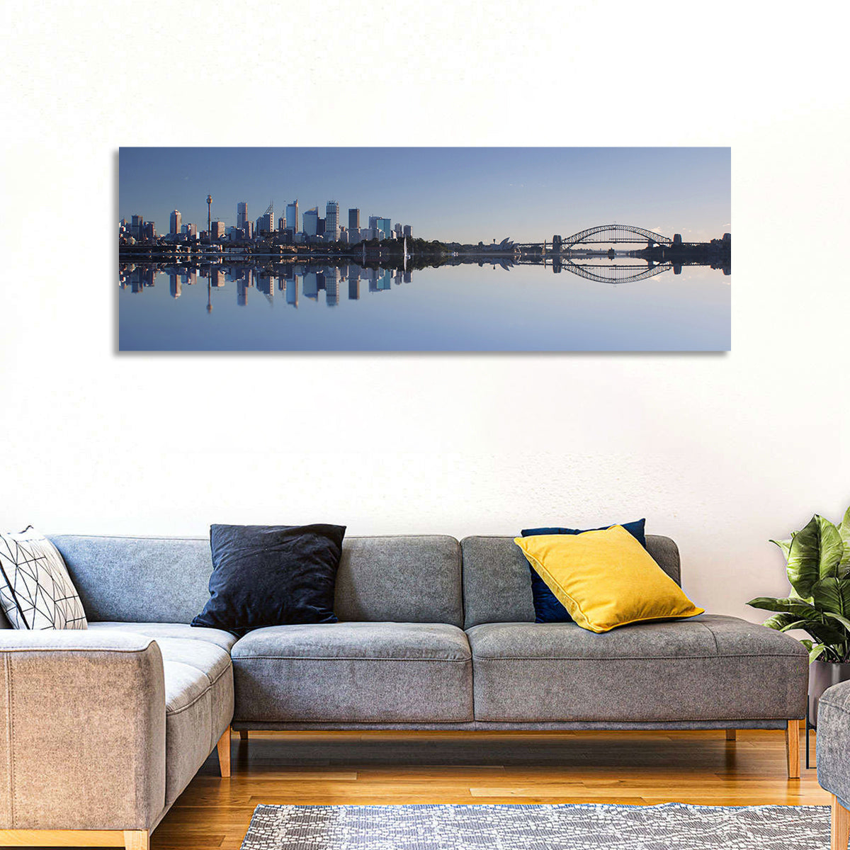 Sydney Harbour Reflection Wall Art in a room, panoramic