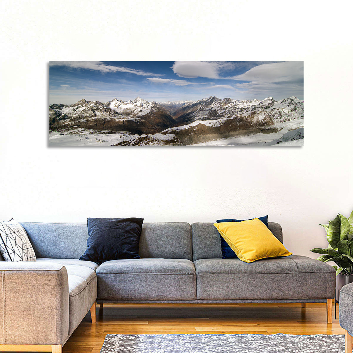 Snow-capped Peaks of Zermatt Wall Art in a room, panoramic