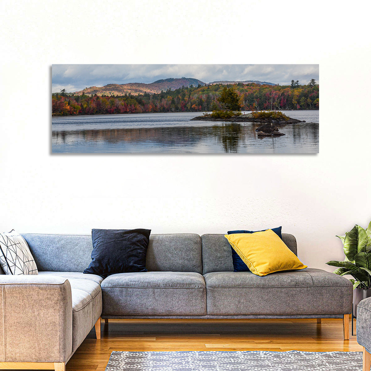 Lake Umbagog Autumn Reflection Wall Art in a room, panoramic