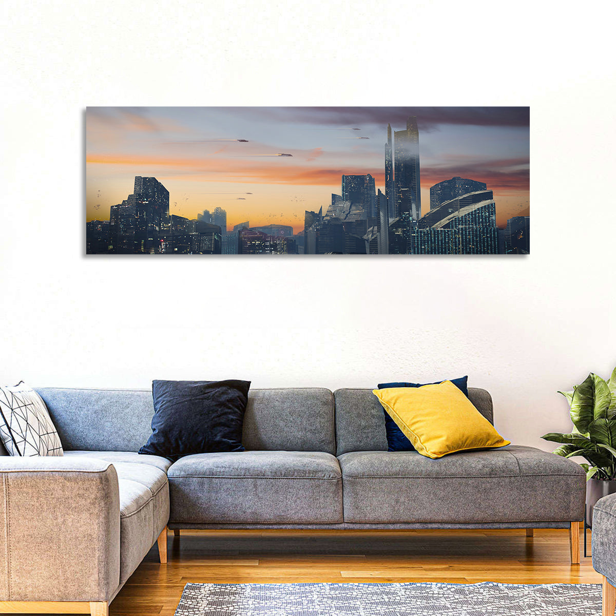 Futuristic City Skyline at Dusk Wall Art in a room, panoramic