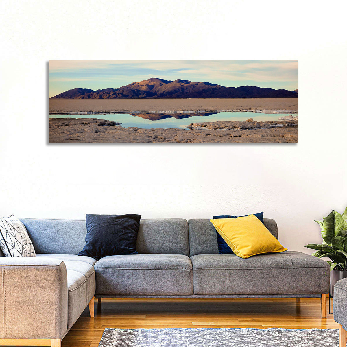 Salinas Grande Salt Flat Reflection Wall Art in a room, panoramic