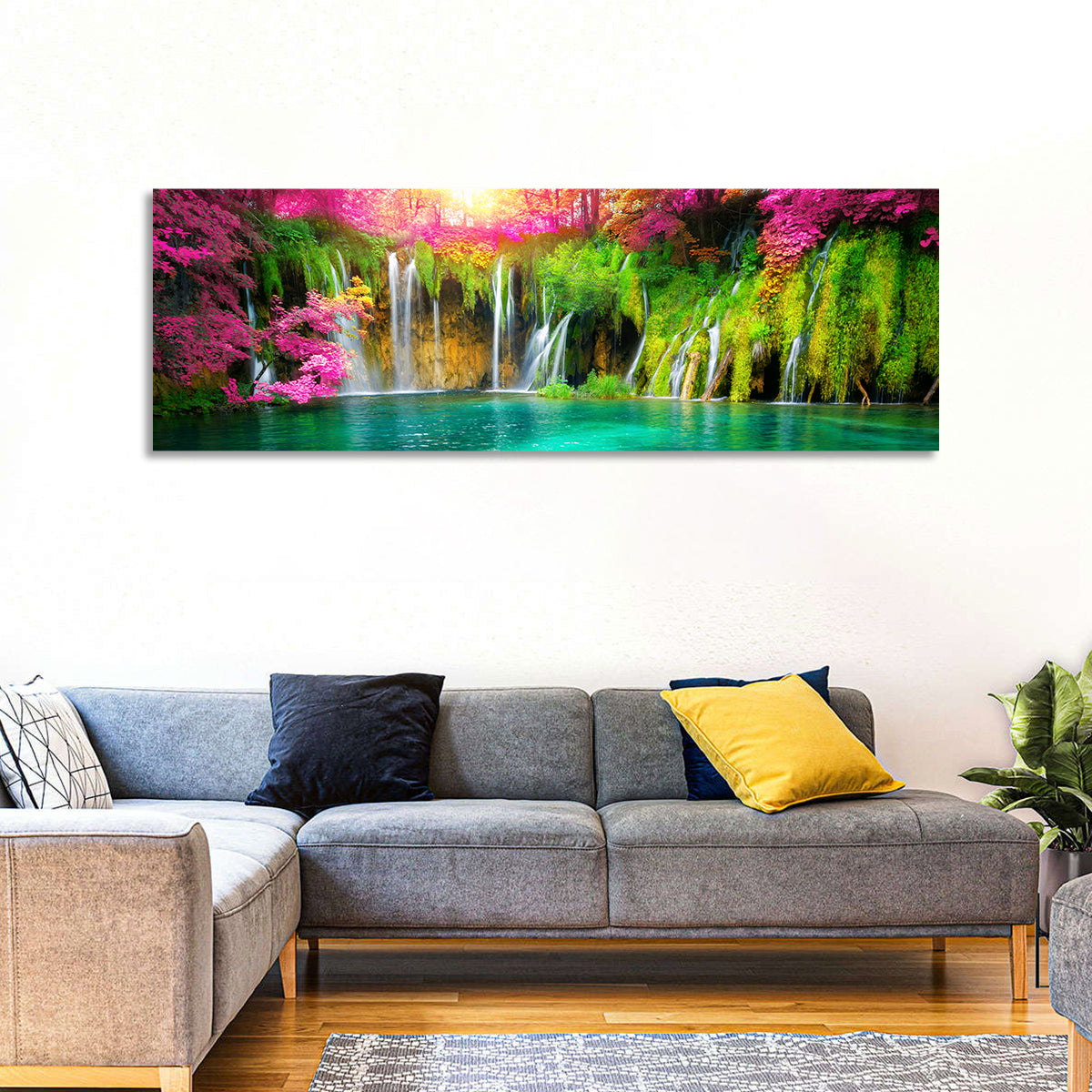 Plitvice Falls in Golden Light Wall Art in a room, panoramic