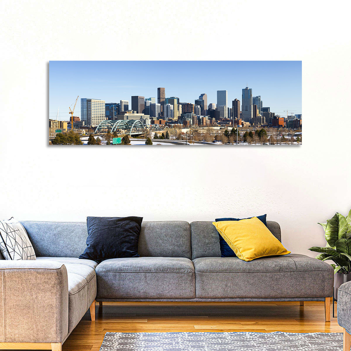 Denver Skyline with Speer Boulevard Bridge Wall Art in a room, panoramic