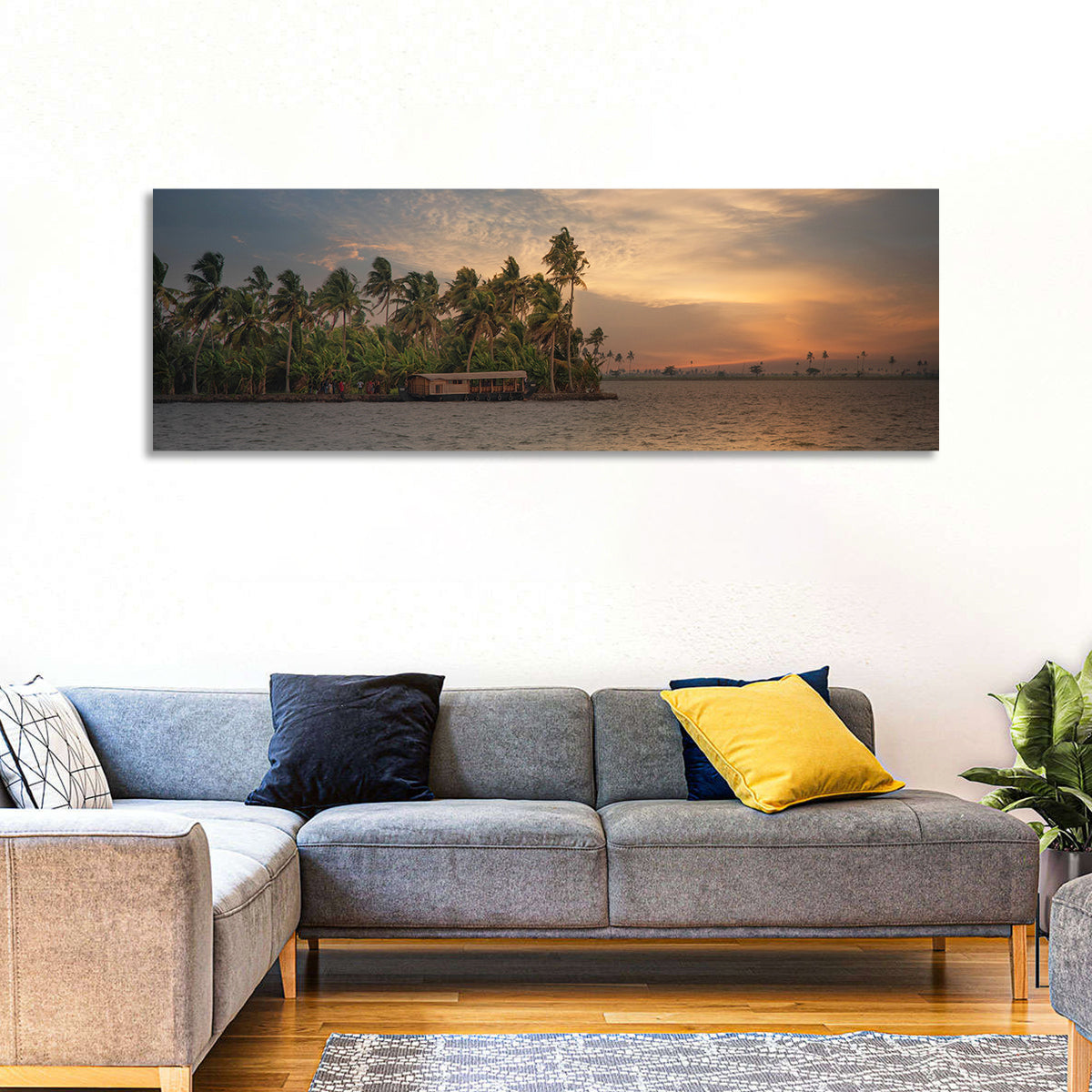 Vembanad Lake Sunset Wall Art in a room, panoramic