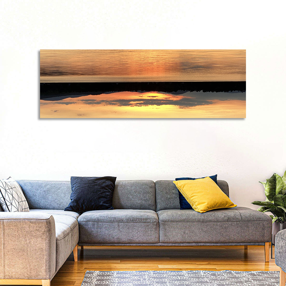 Lake Pleasant Golden Sunset Wall Art in a room, panoramic