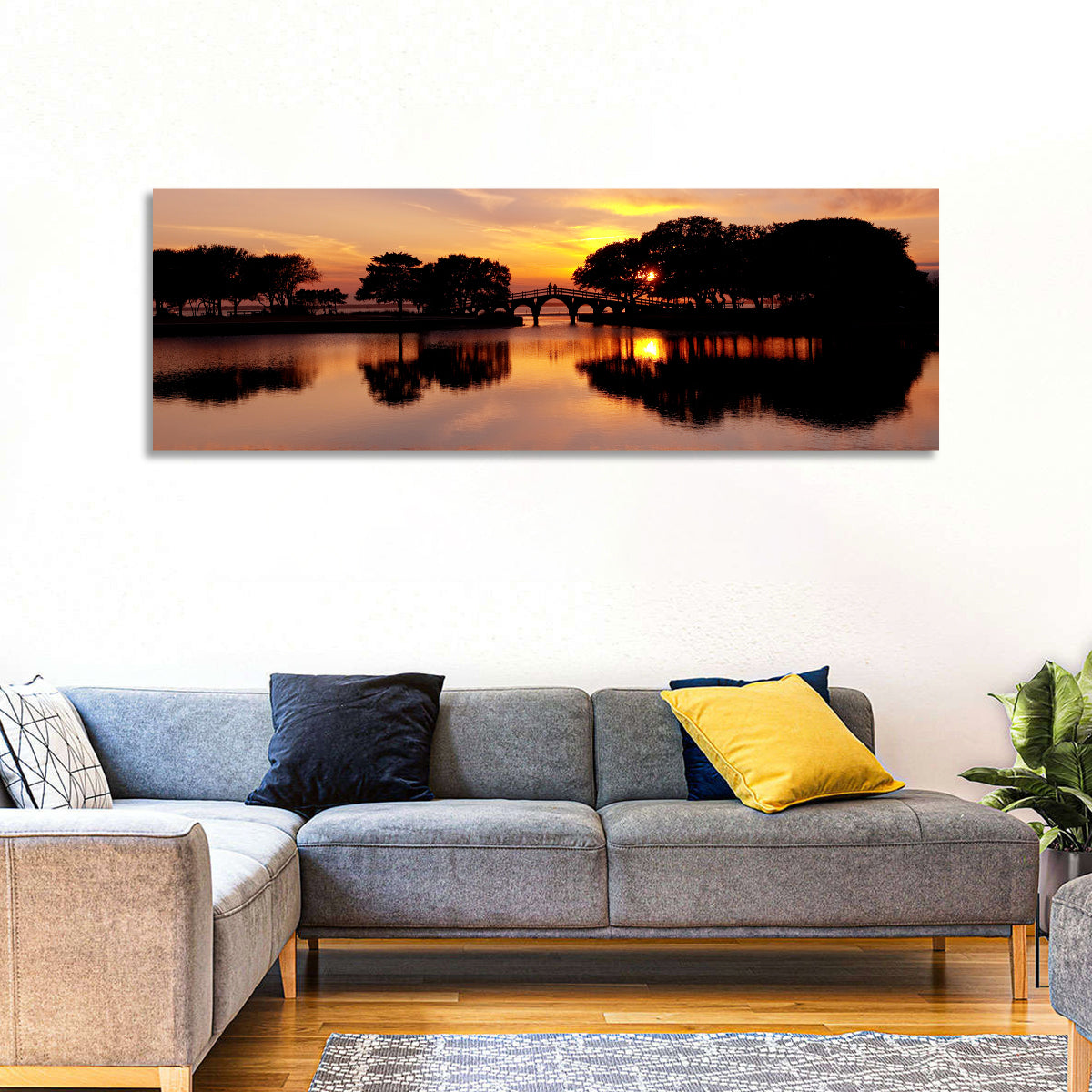Tranquility Bridge at Sunset Wall Art in a room, panoramic