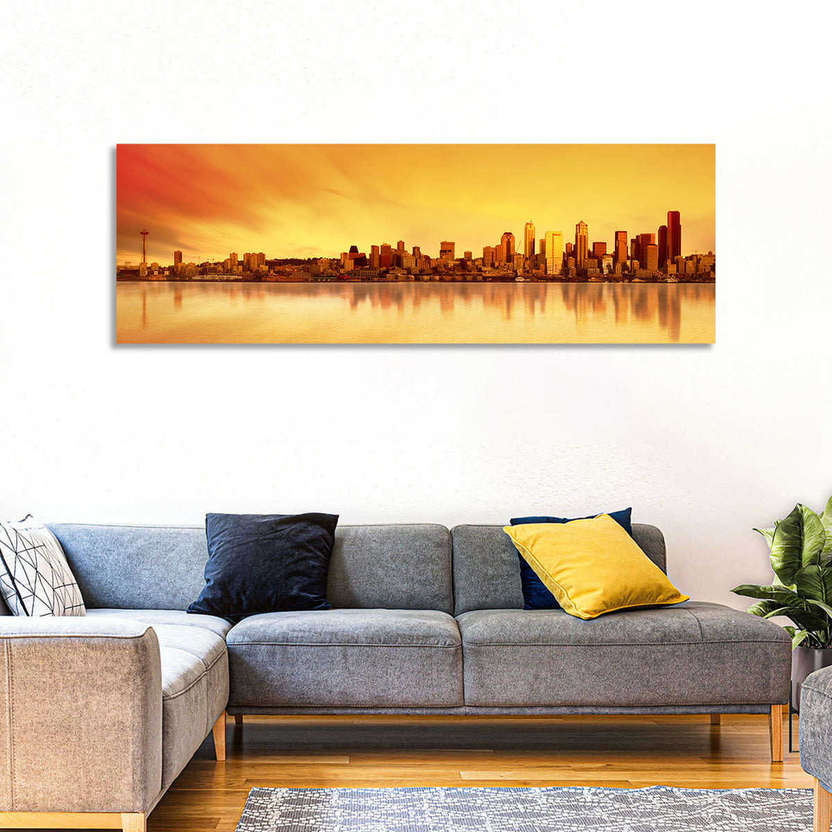 Seattle Skyline in Golden Hour Wall Art in a room, panoramic