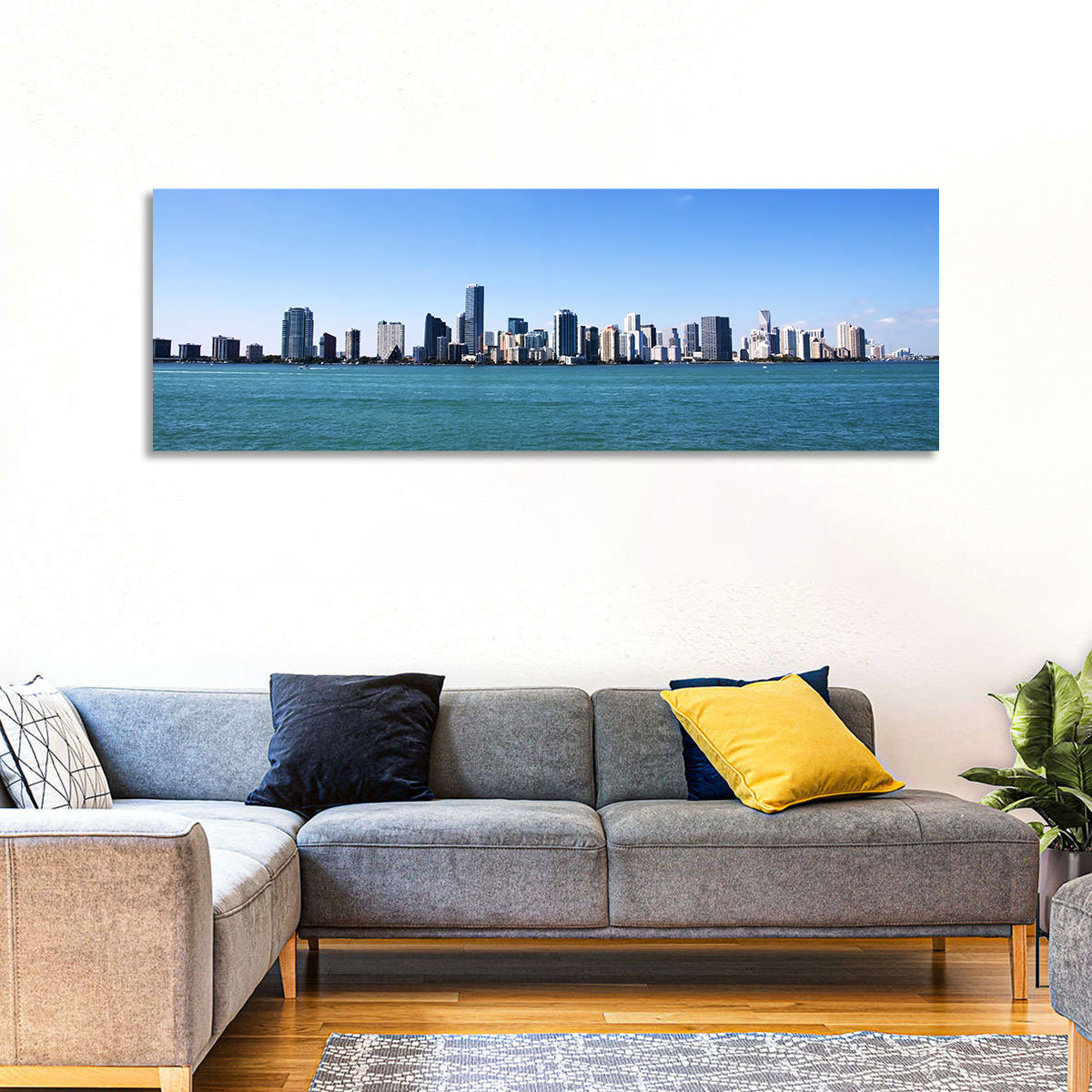 Miami Skyline Over Calm Blue Water Wall Art in a room, panoramic