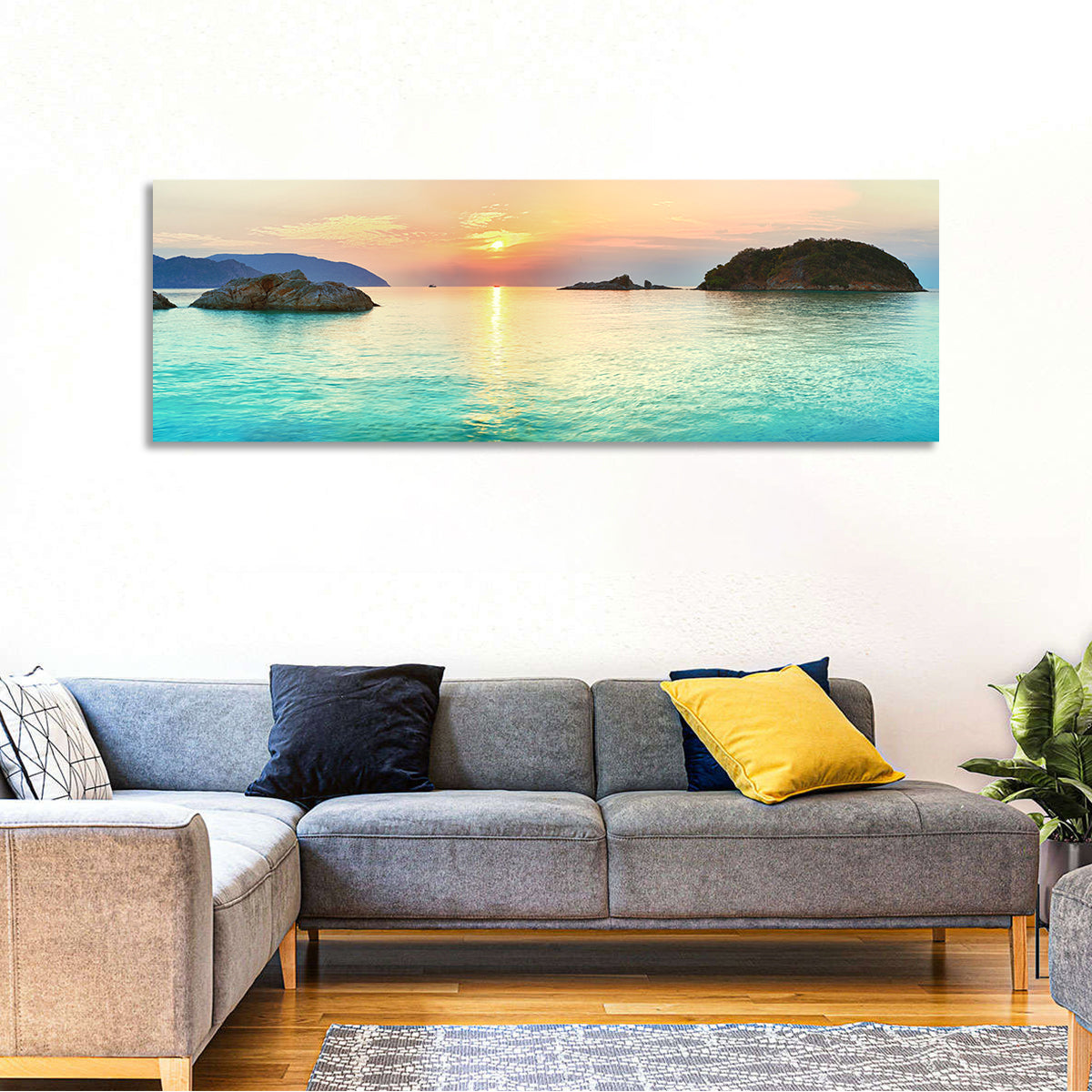 Con Dao Sunrise Over Turquoise Sea Wall Art in a room, panoramic
