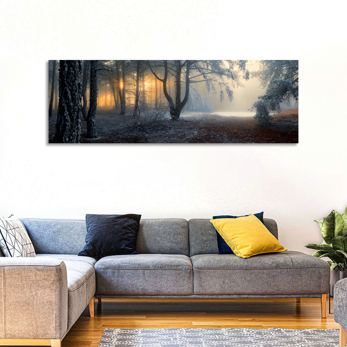 Frosted Forest Morning Light Wall Art in a room, panoramic