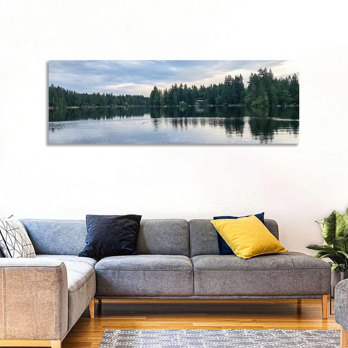 Beaver Lake Park Sunrise Reflection Wall Art in a room, panoramic
