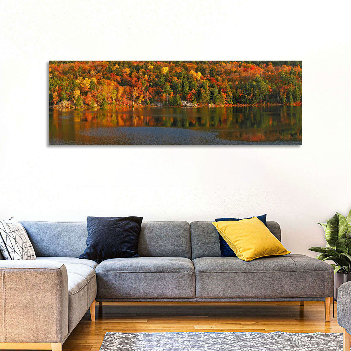 George Lake Morning Reflection Wall Art in a room, panoramic