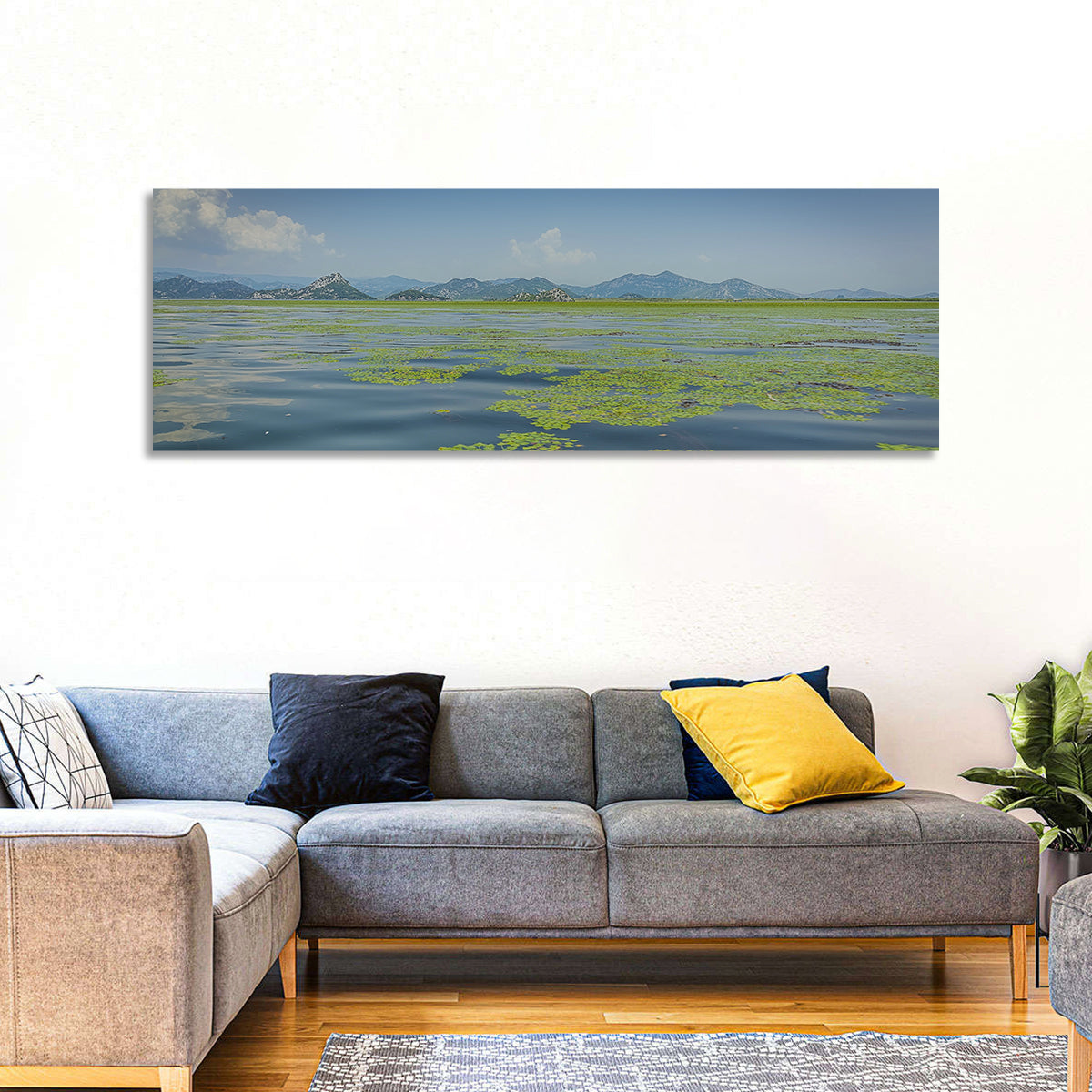Lake Skadar Water Lilies Wall Art in a room, panoramic