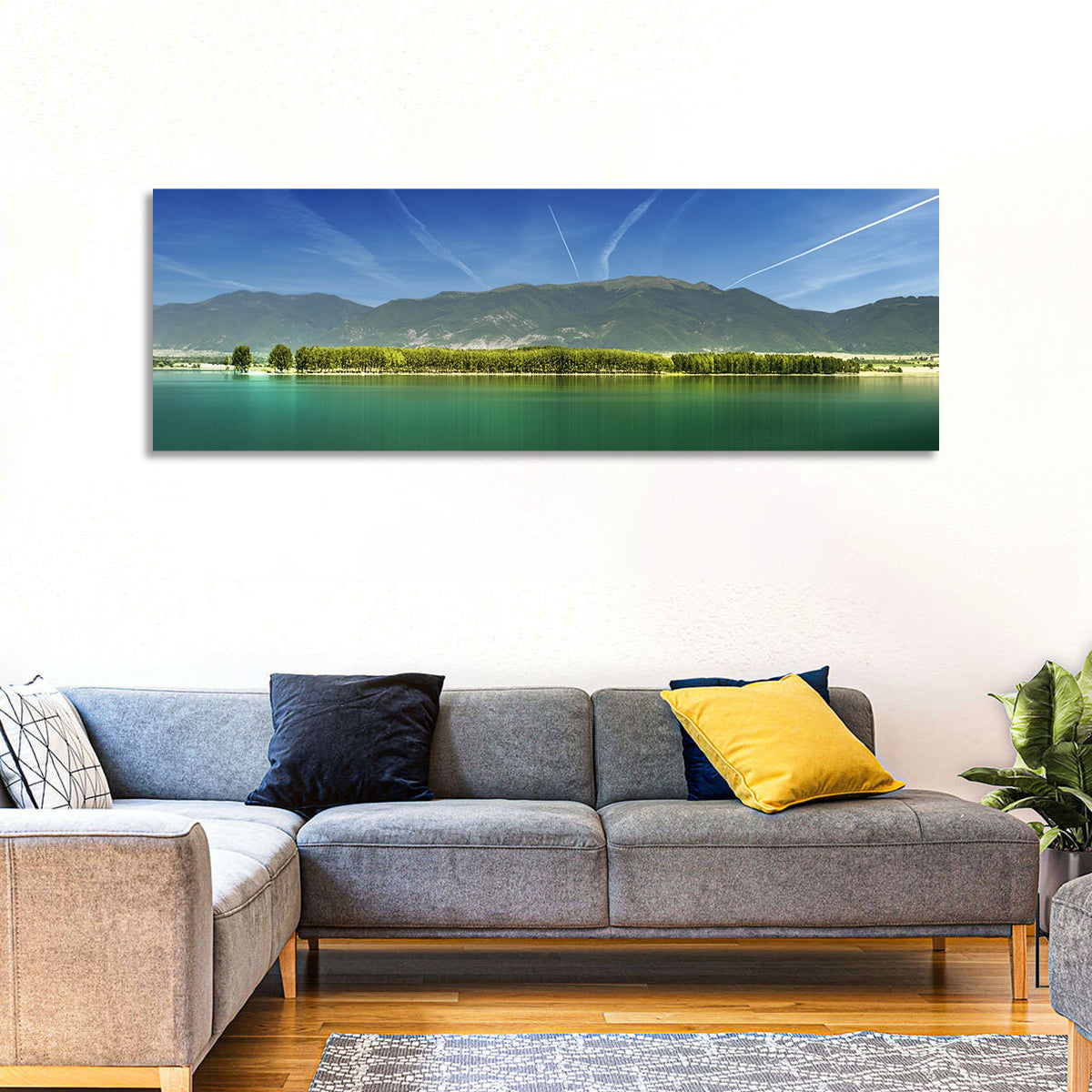 Koprinka Dam Reflections Wall Art in a room, panoramic