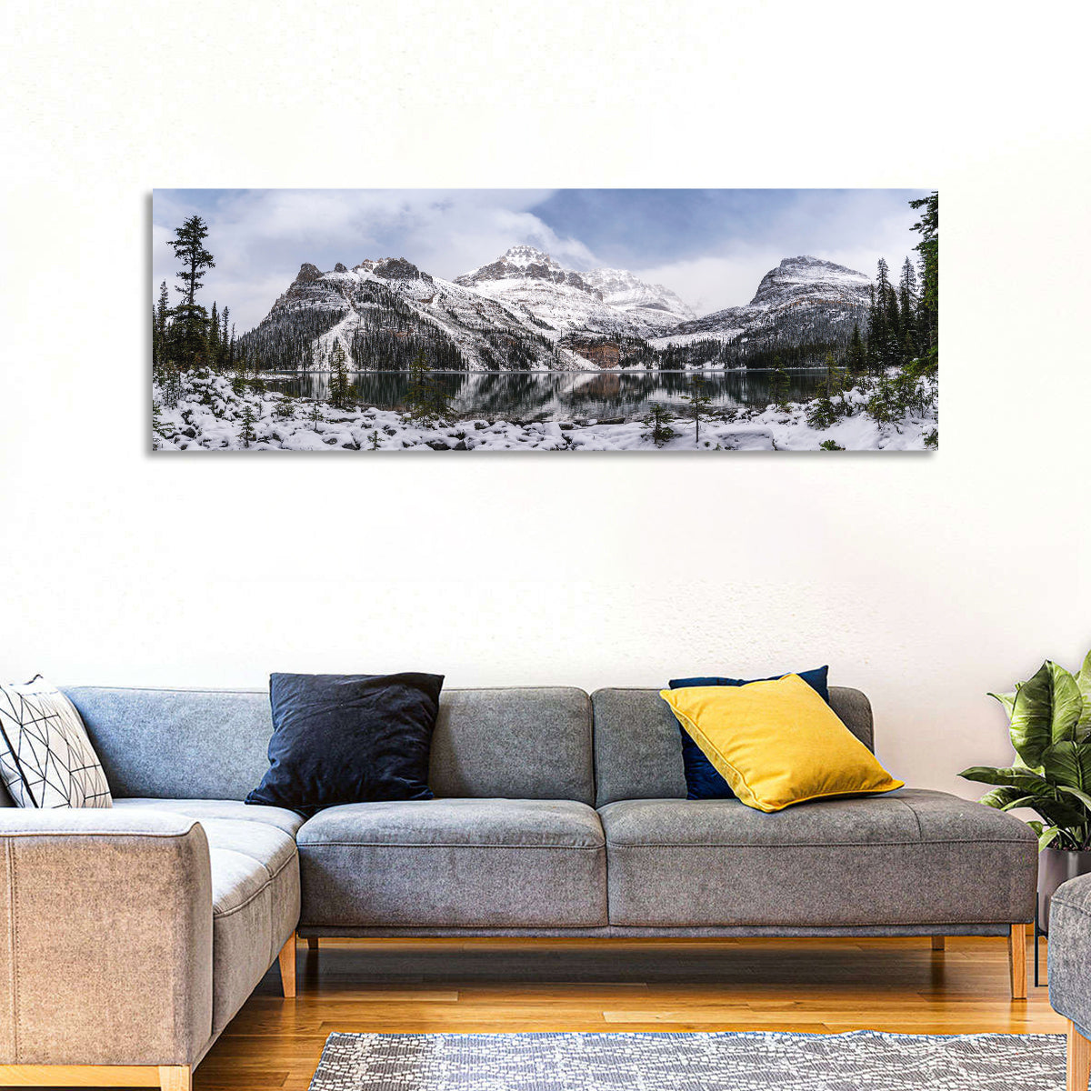Lake O Hara Winter Reflection Wall Art in a room, panoramic