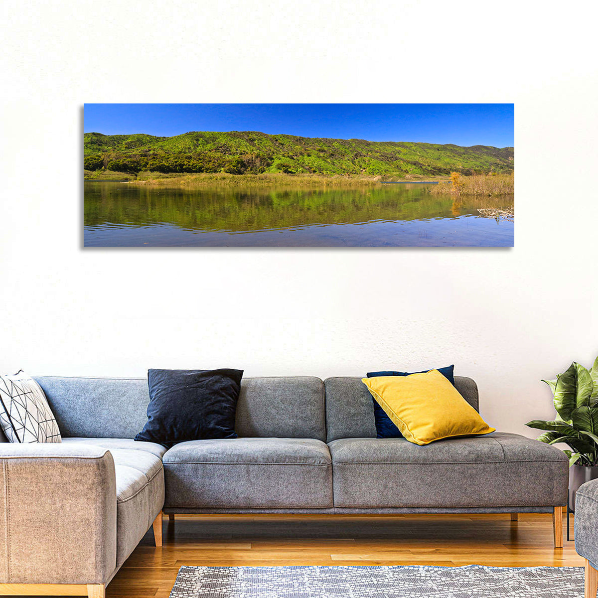Santa Barbara Lake Reflection Wall Art in a room, panoramic