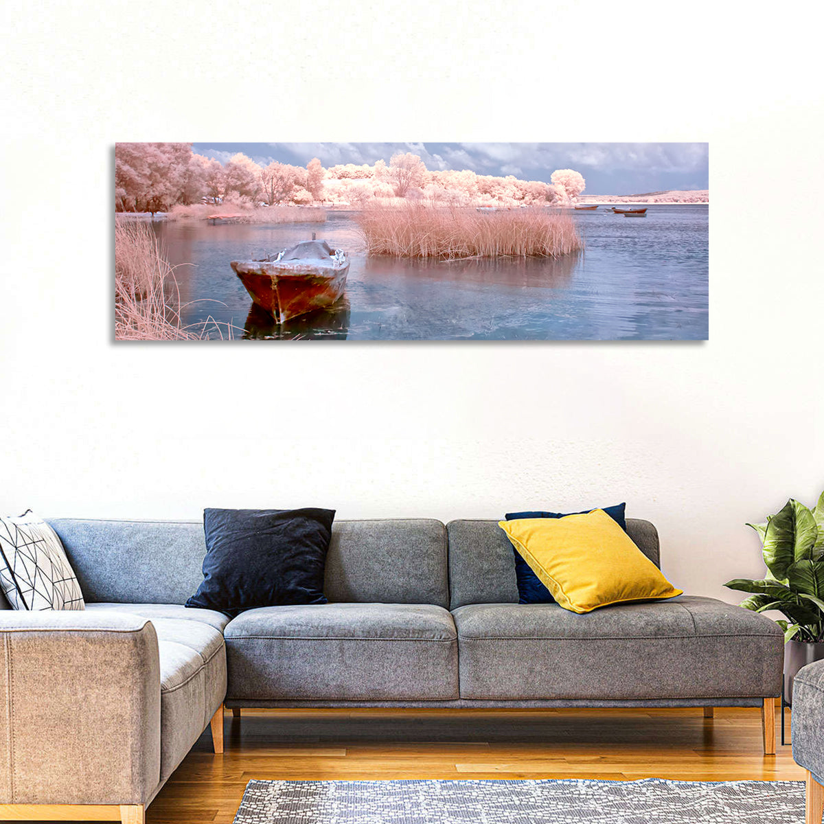 Golyazi Lake Boat Wall Art in a room, panoramic