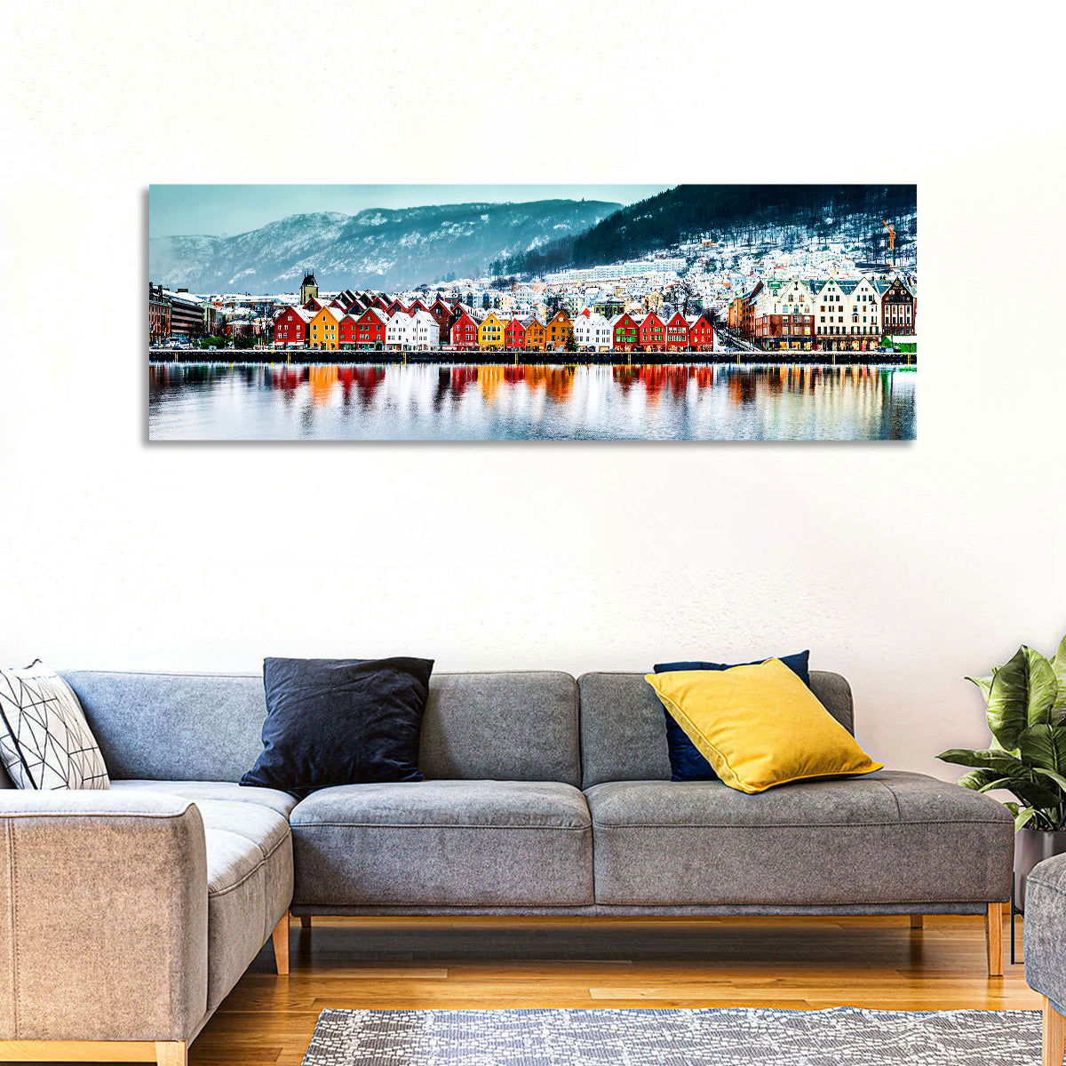 Bryggen Waterfront, Bergen Wall Art in a room, panoramic