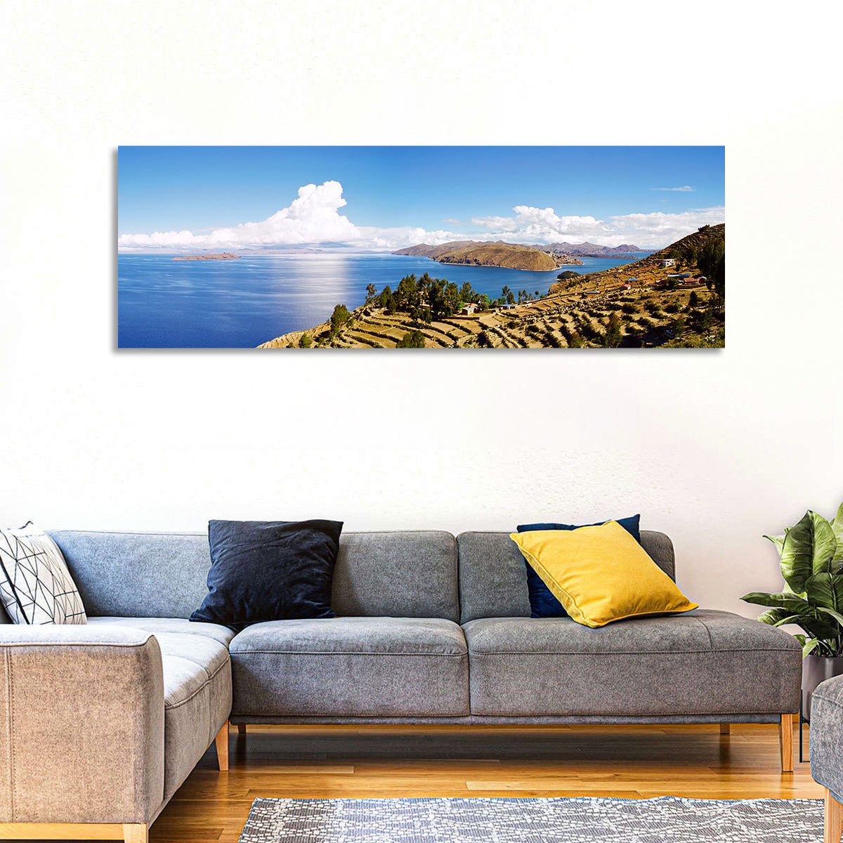 Titicaca Terraced Shoreline Wall Art in a room, panoramic