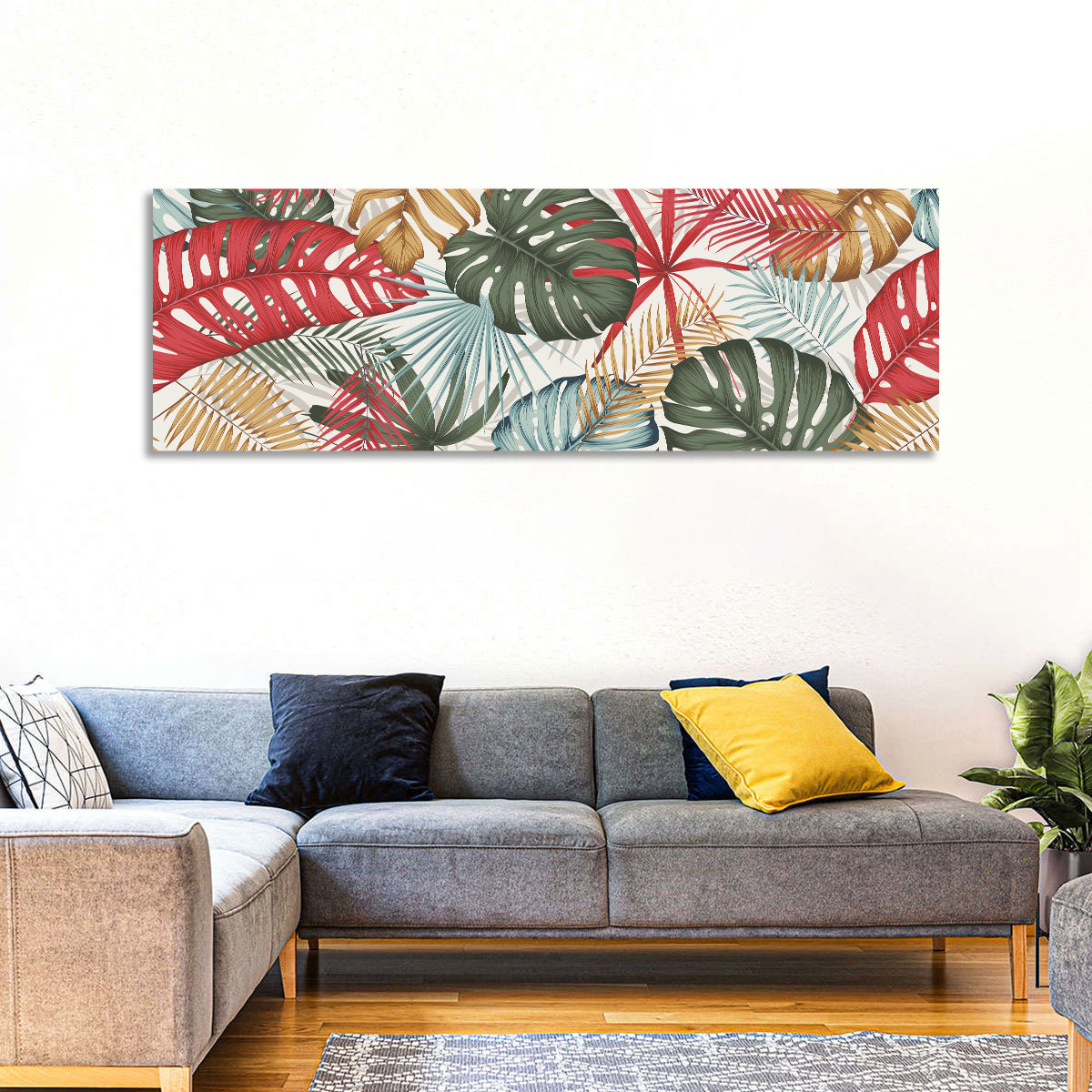Red and Green Tropical Leaves Pattern Wall Art