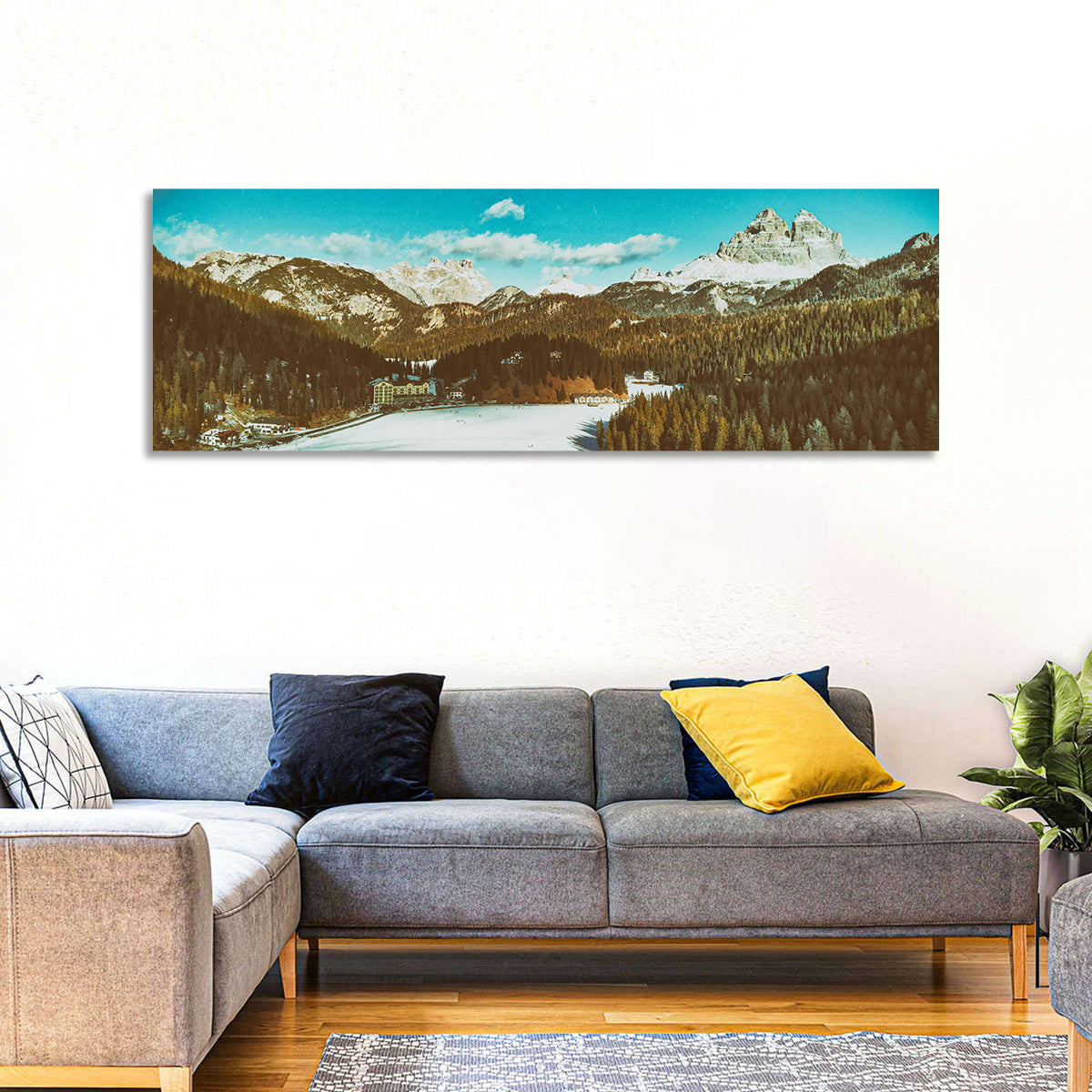 Lago Di Misurina Winter View Wall Art in a room, panoramic