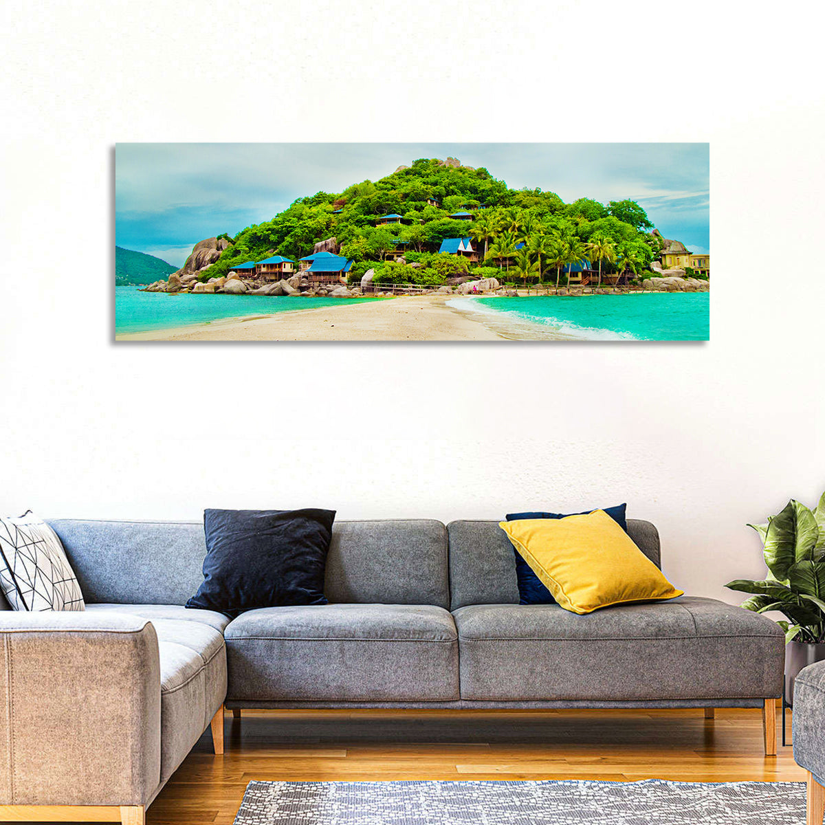 Koh Nang Yuan Sandbar Island Beach Wall Art in a room, panoramic