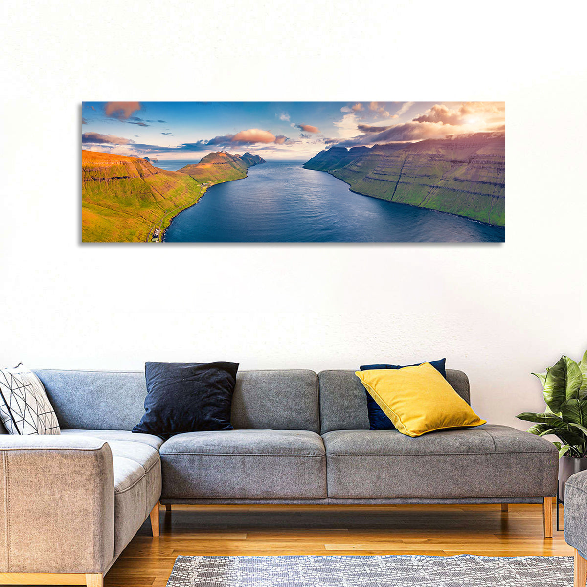 Kalsoy Island Golden Hour Wall Art in a room, panoramic