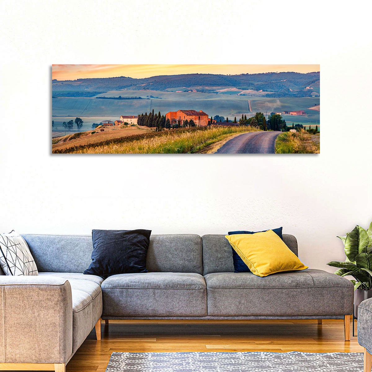Tuscan Country Road Wall Art in a room, panoramic