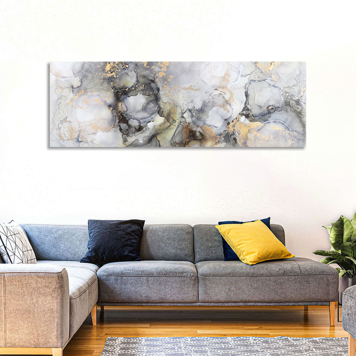 Gold Foil Marble Abstract Wall Art in a room, panoramic