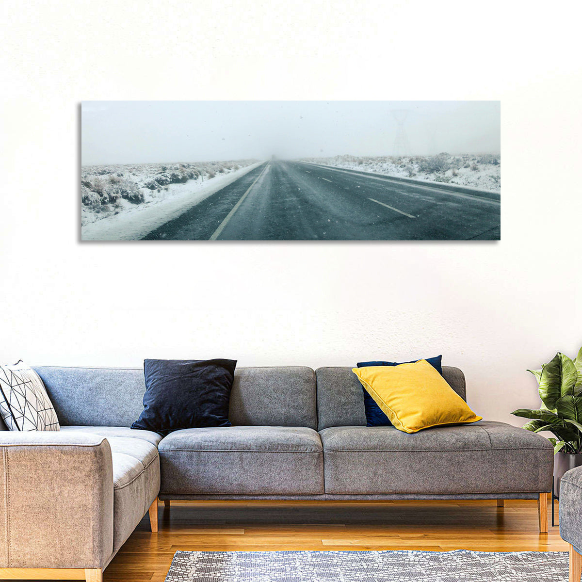 Foggy Winter Mountain Road Wall Art in a room, panoramic