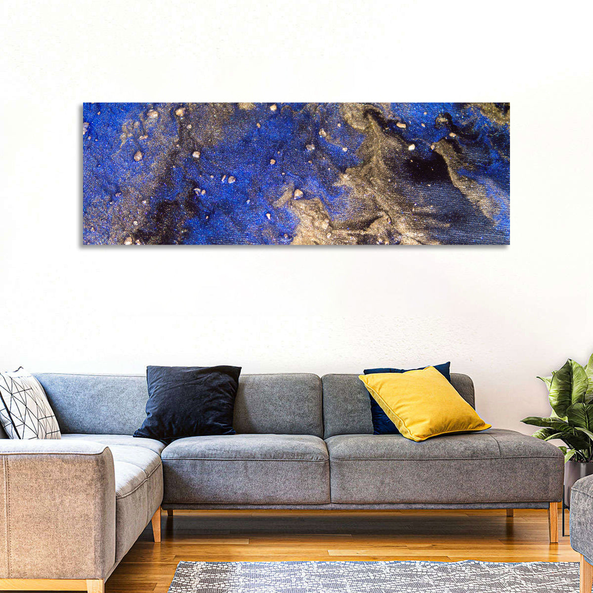 Blue Rush Abstract Wall Art in a room, panoramic