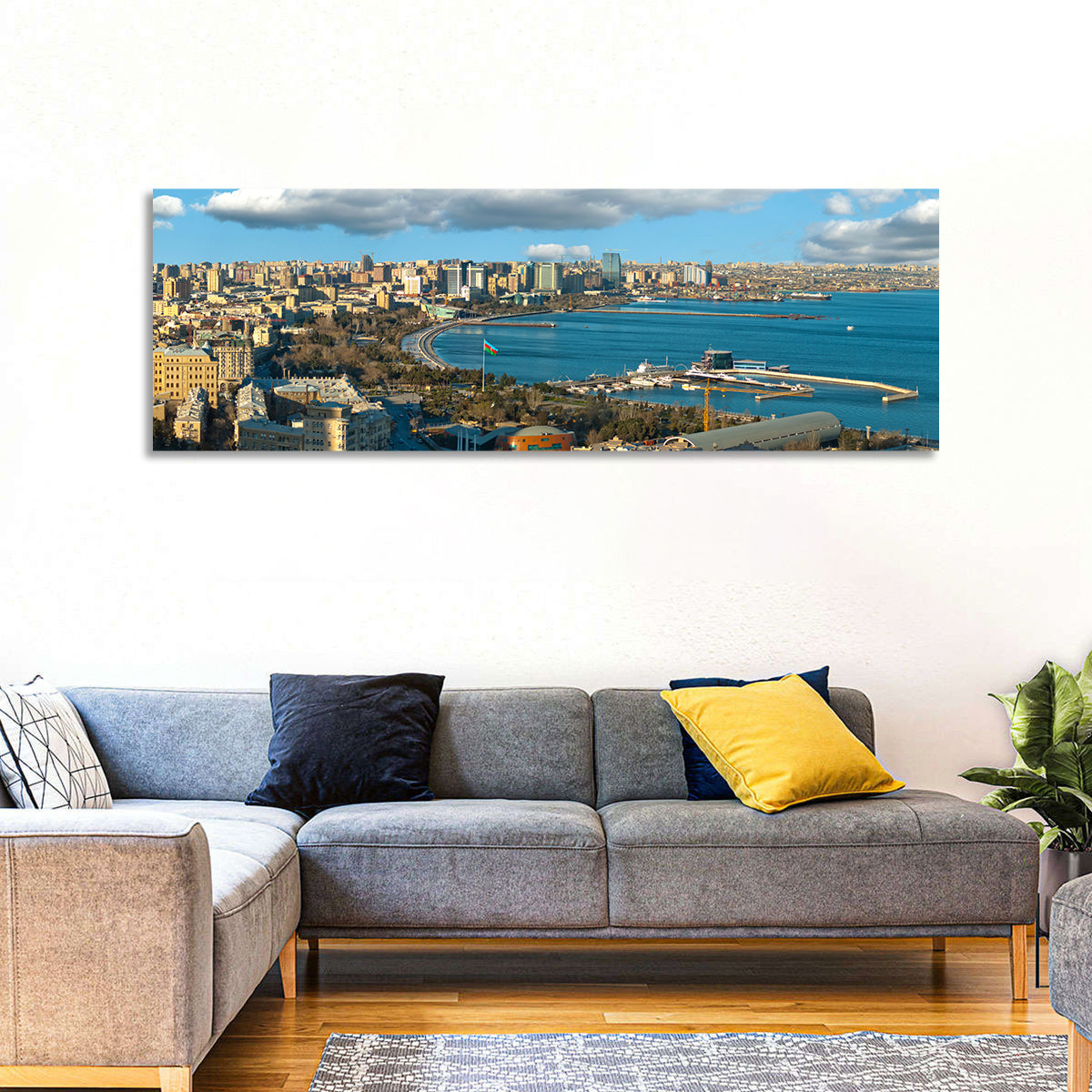 Baku Waterfront Skyline Wall Art in a room, panoramic