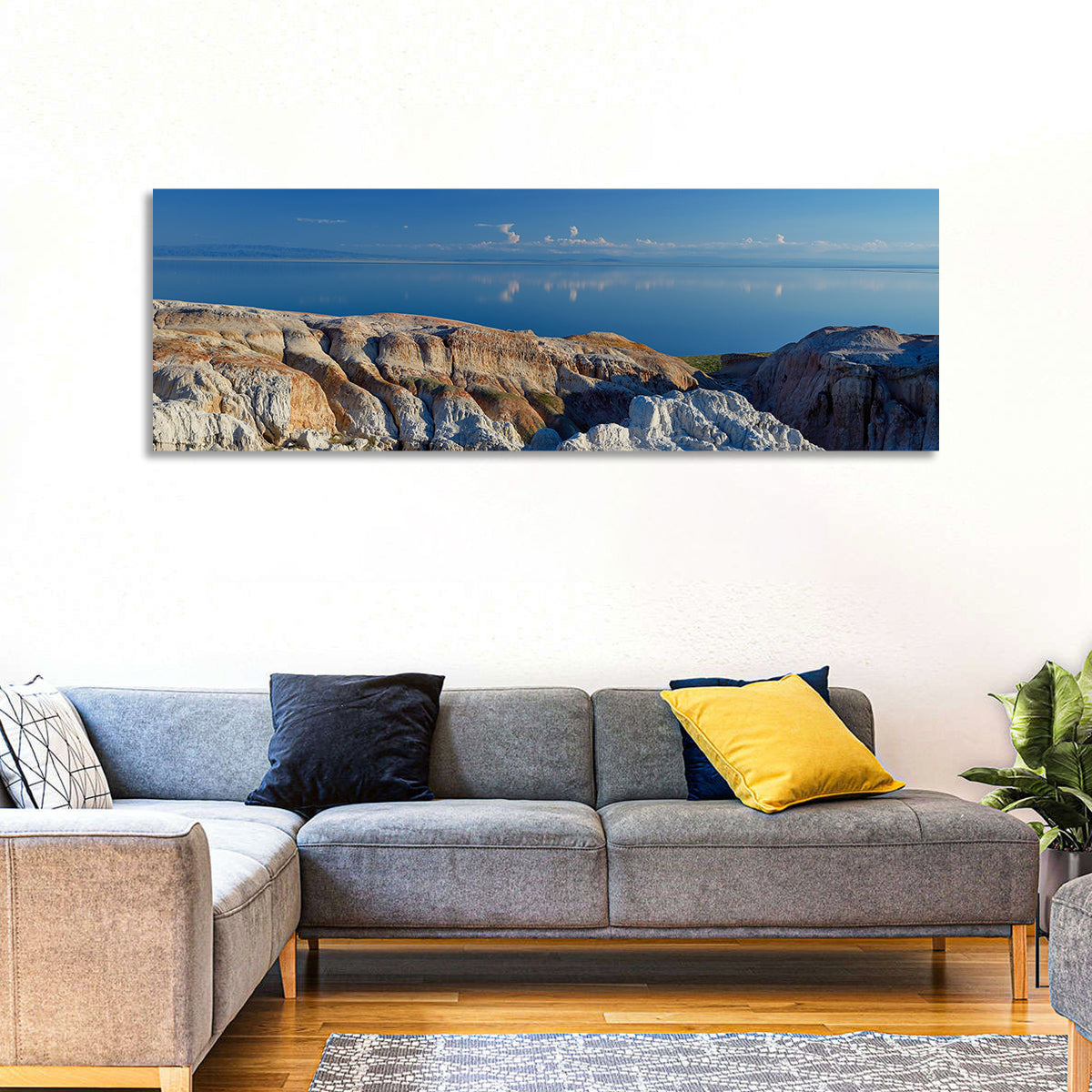 Shekelmes Tract Cliff Over Lake Wall Art in a room, panoramic