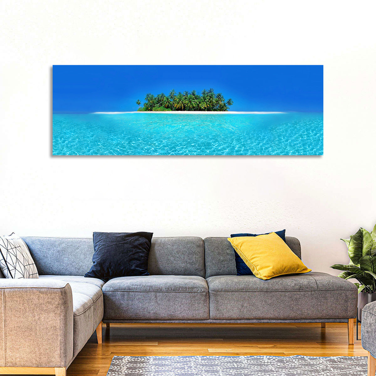 Turquoise Atoll Sandbar with Palm Trees Wall Art in a room, panoramic