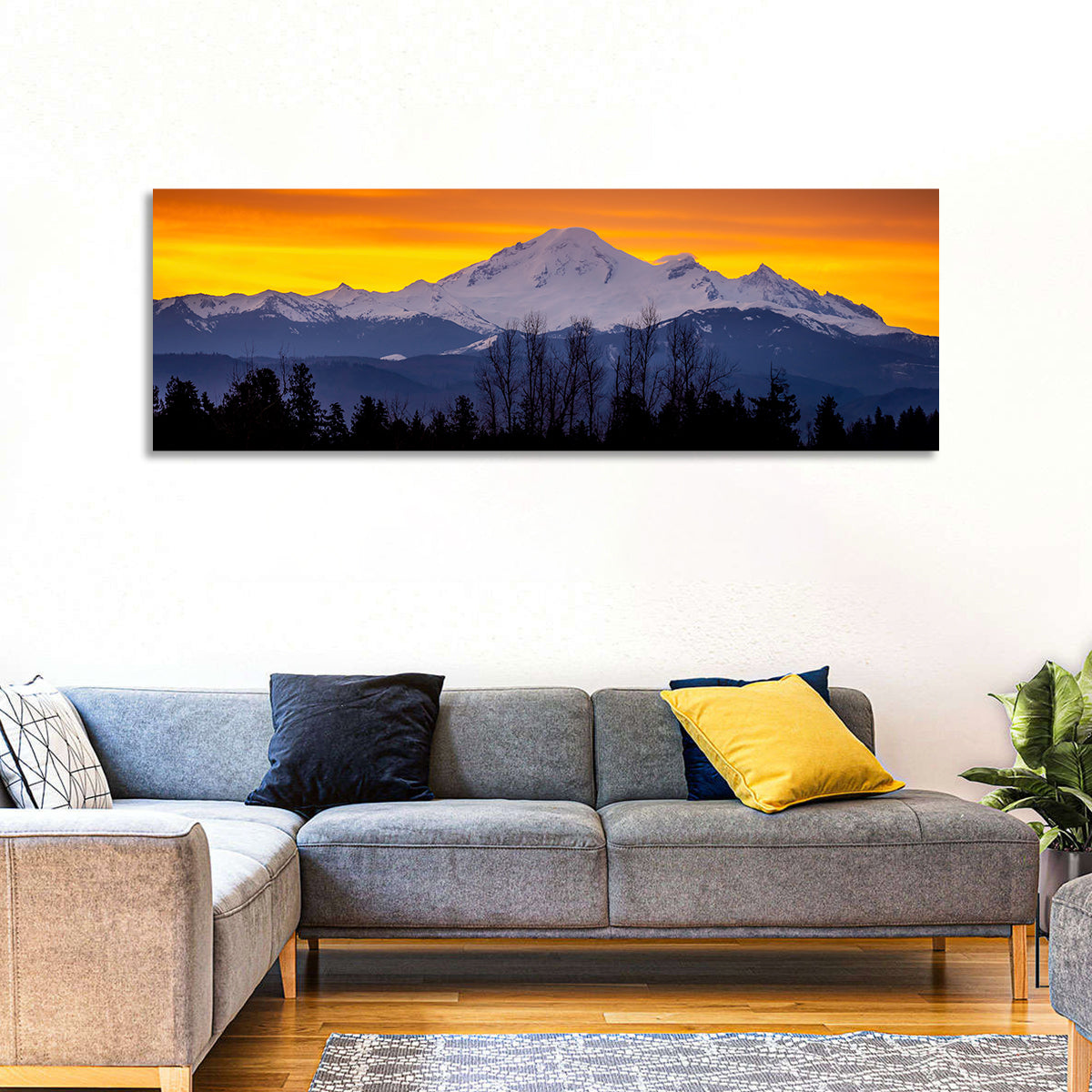 Sunrise Over Mount Baker Wall Art in a room, panoramic