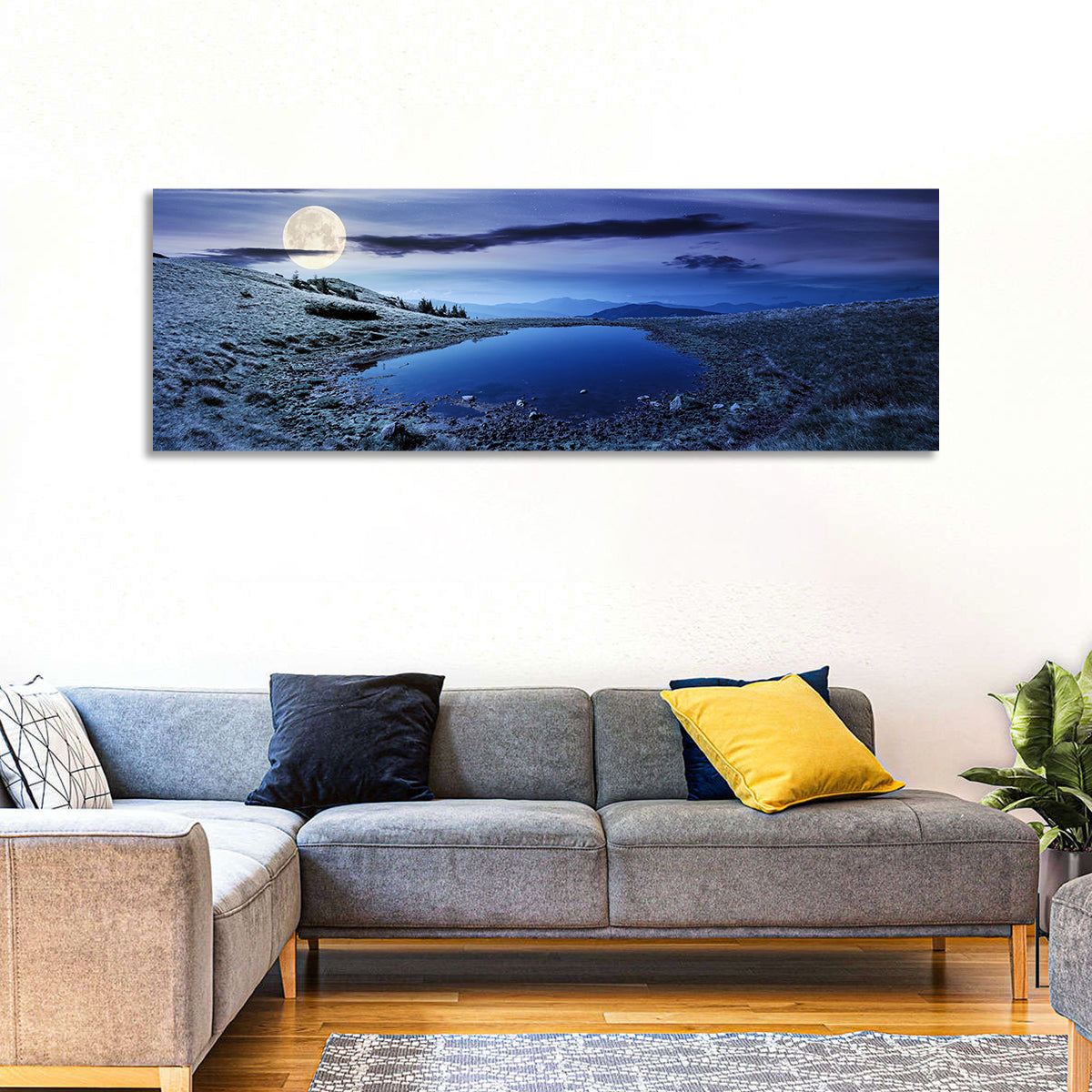 Mountain Lake at Night Wall Art in a room, panoramic