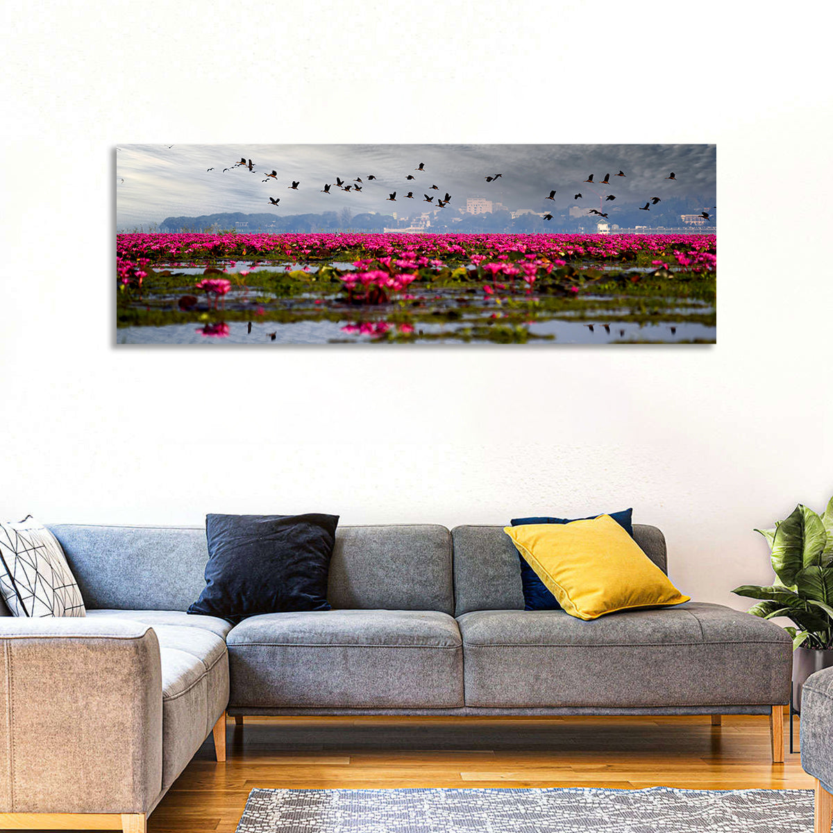 Red Lotus Lake Wall Art in a room, panoramic