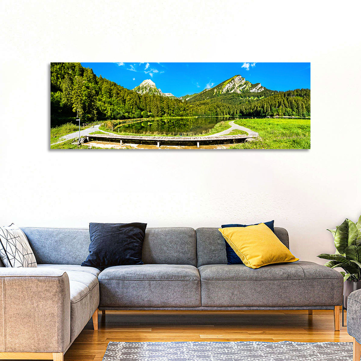 Seealpsee Footbridge Alpine Lake Wall Art in a room, panoramic